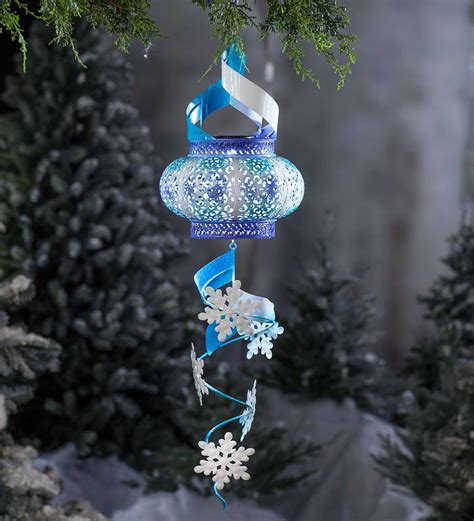 Solar Hanging Holiday Swirl Spinnerlantern Blue Snowflakes Plow