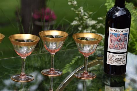 Vintage Pink Gold Rimmed Encrusted Cocktail Martini Glasses Set Of 4