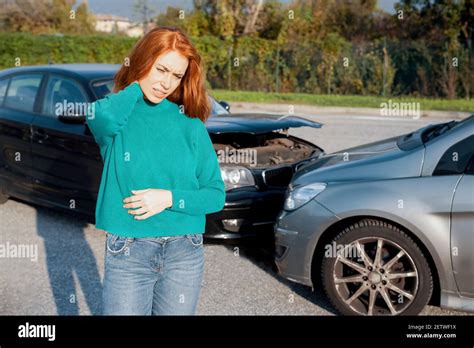Portrait Of Woman Suffering Pain After Car Accident Stock Photo Alamy