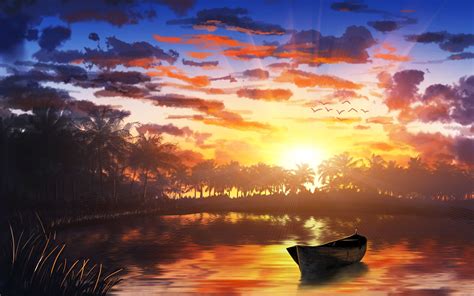 Download Wallpaper 3840x2400 Boat Sunset Palm Trees Water Art 4k