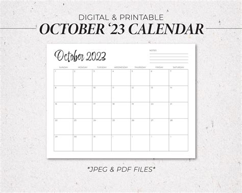 Digital And Printable October 2023 Calendar Dated October Etsy Canada