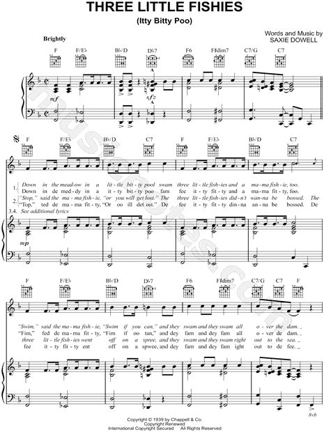 Whee!' yelled the little fishies, here's a lot of fun we'll swim in the sea till the day is done they swam and they swam, and it was a lark till all of a sudden they saw a big shark! Kay Kyser "Three Little Fishies" Sheet Music in F Major ...