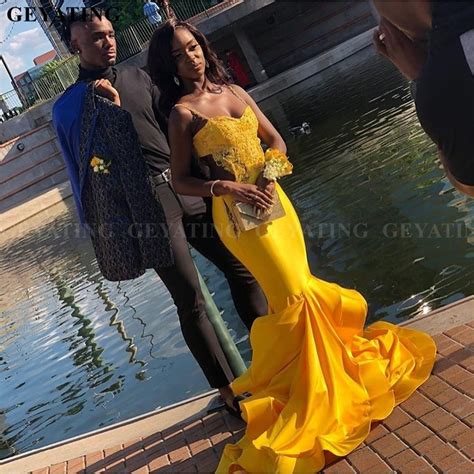 Sexy Black Girls Mermaid Yellow Prom Dresses 2019 Long Elegant Plus