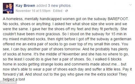 New York Woman Kay Browns Post About Giving Her Shoes To A Barefoot Homeless Lady Daily Mail
