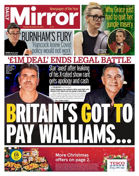 Daily Mirror Front Page 28th Of November 2023 Tomorrows Papers Today