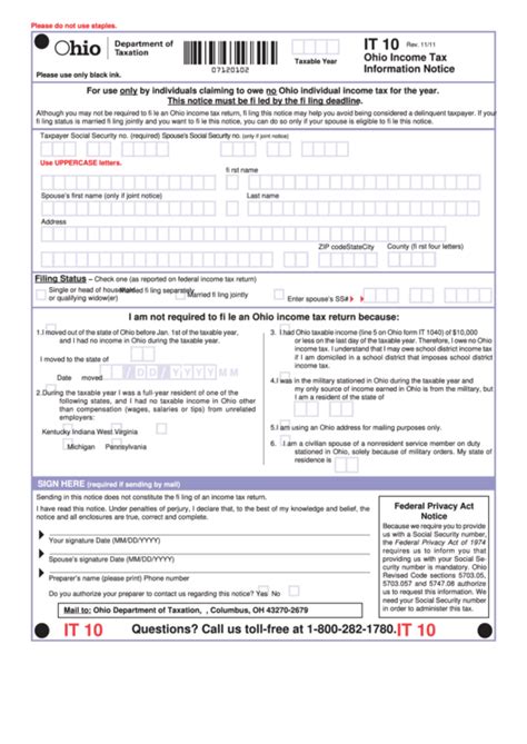 Fillable Form It 10 Ohio Income Tax Information Notice Ohio