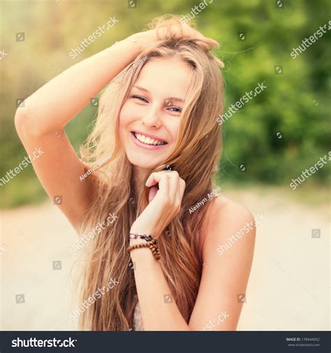 Beautiful Sunny Portrait Girl Face Laughing Stock Photo 178444052