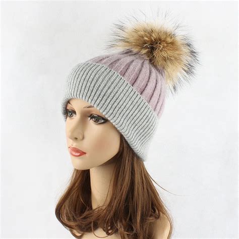 Brand Style Huality 100 Merino Wool Beanie Hats With Fluffy Real Natural Raccoon Fur Pom Poms 6