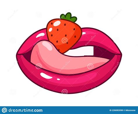 female lips eat strawberry cartoon sticker isolated red mouth with berry stock vector