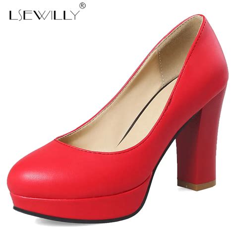 Lsewilly Women High Heel Pumps Red Thick Heel Pumps Round Toe Pump Sexy Footwear Wedding Heels