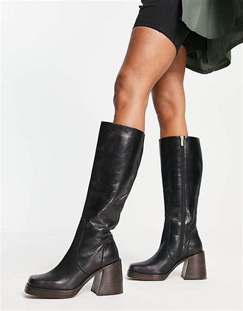 asos design cracking leather mid heel knee boots in black asos
