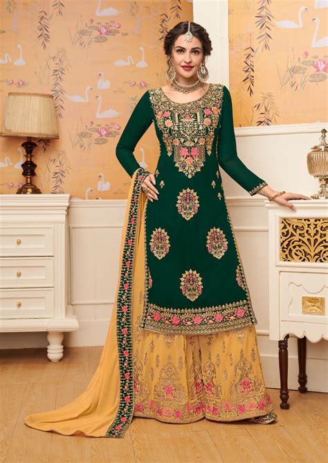 Georgette Embroidered Bottle Green Designer Sharara Style Pakistani Suit