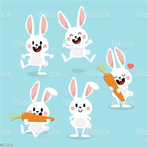 Cute White Bunny With Carrot Rabbit Cartoon Vector Collection Animal