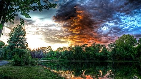 Download Wallpaper For 240x320 Resolution Clouds Pond Reflection Hdr