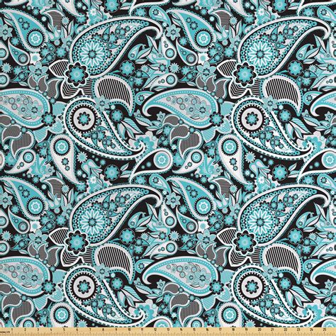 Blue Paisley Fabric By The Yard Flower Elements With Traditional Buta Ornaments Leave Like