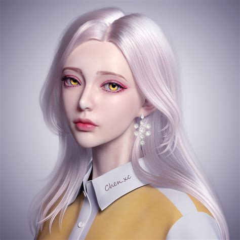 배경 화면 Xincheng Chen Cgi 여자들 노란 눈 긴 머리 구성하다 간단한 배경 은 머리카락 1920x1920 Gamerchick39