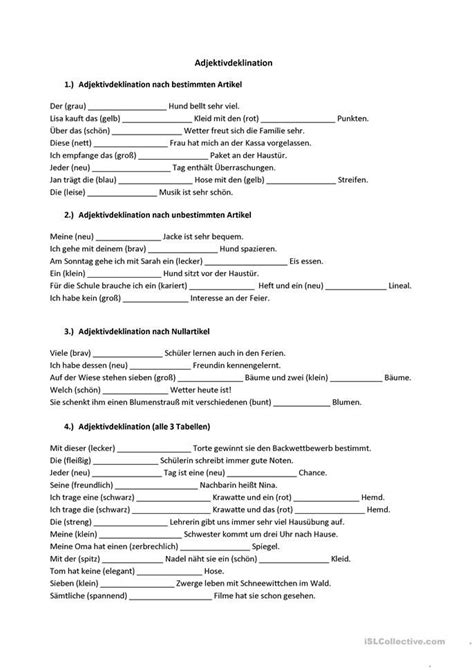 Adjektivdeklination Arbeitsblatt Mit L Sungen Adjektive