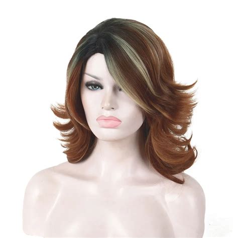 Strongbeauty Women S Wigs Auburn Blonde Highlights Medium Length Curly Feathery Layered