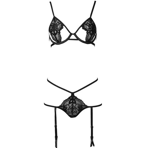 New Ultra Thin Sexy Hollow Lace Underwire Push Up Open Bra Crotch Set With Garter Belt Women