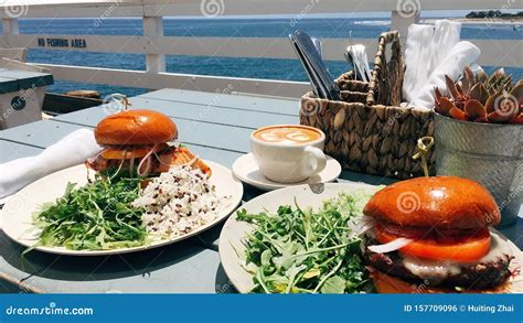 Malibu Pier Farm Brunch Beach Ocean View Coffee Breakfast Stock Photo