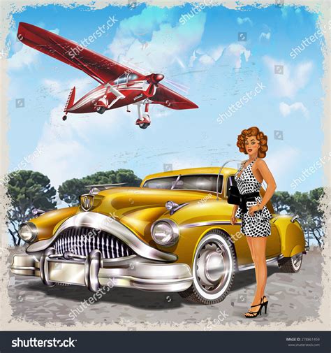 Vintage Background Biplane Pinup Girl Retro Stock Vector