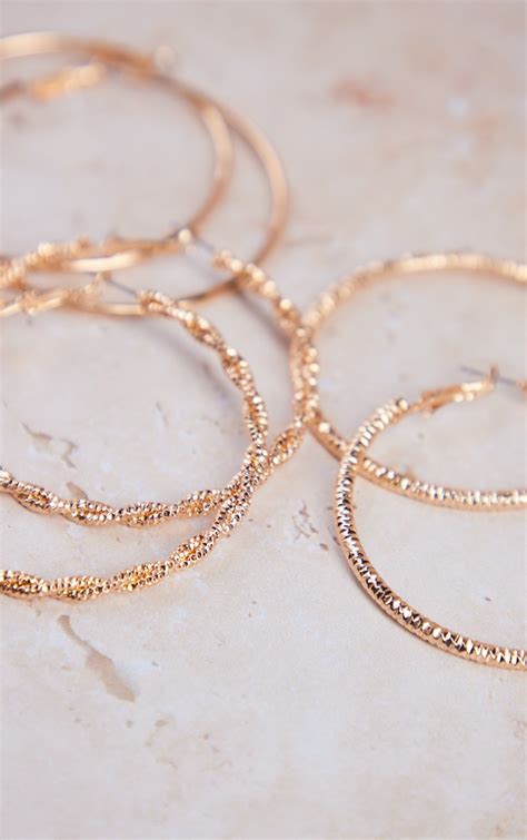 Gold Textured Medium Size Hoop Earrings Multipack Prettylittlething Aus