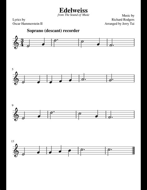 We have something for everyone from beginners to experienced players. Edelweiss (soprano descant recorder) sheet music for Recorder download free in PDF or MIDI