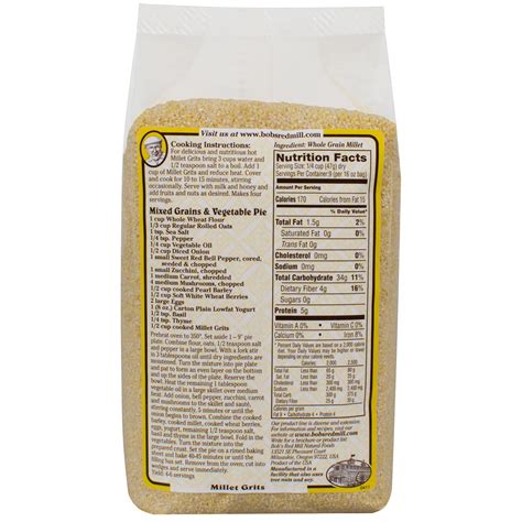 It includes all of the nutritious bran, germ and endosperm that whole grains offer. Bob's Red Mill, Millet Grits, Whole Grain, 16 oz (453 g ...