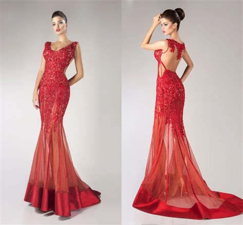 Designer Long Red Evening Dress With Luxury Beading Appliques