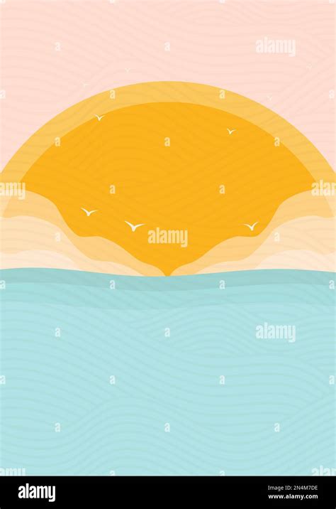 Minimalistic Modern Ocean Side And Sunset Print Ocean Wave And Birds