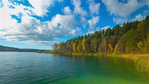 Autumn Forest And Lake 4k Time Lapse Panorama Stock Video Footage