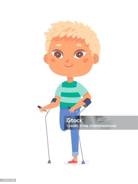 Cute Boy On Crutches After Accident Or Injury Happy Amputee Child With