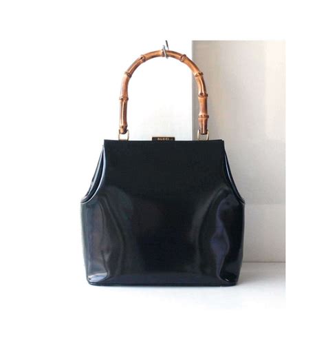 Gucci Bamboo Black Patent Leather Tote Handbag Rare Vintage Authentic