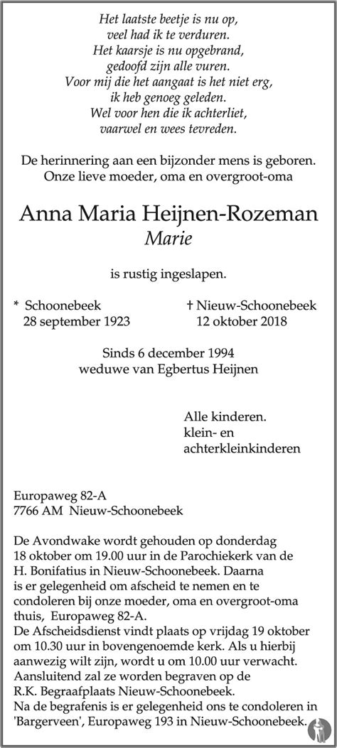 Anna Maria Marie Heijnen Rozeman 12 10 2018 Overlijdensbericht En