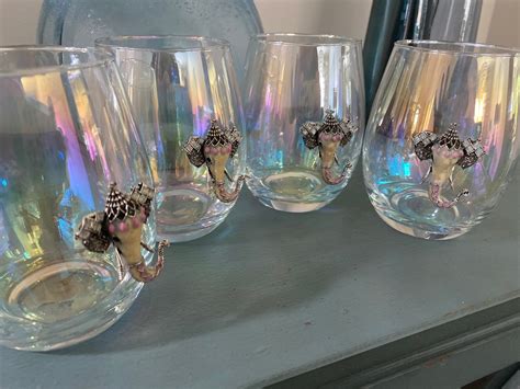 Set Of 4 Iridescent Stemless Wine Glasses With Elephant Head Etsy