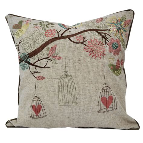 Embroidered Whimsical Shabby Chic Garden Poly Linen Throw Pillow Home