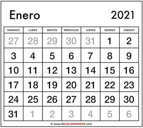 Blanco Calendario Enero 2021 Con Feriados Y Feriados Para Imprimir