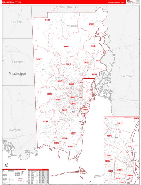 Mobile County Al Zip Code Wall Map Red Line Style By Marketmaps Mapsales