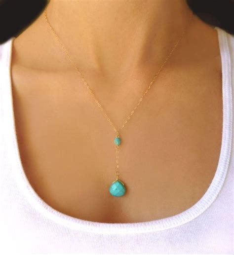 Genuine Gold Turquoise Necklace Small Turquoise Pendant Necklace