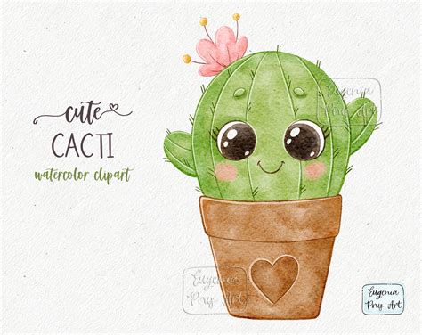 Cute Cactus Clipart Cacti Clipart Kawaii Clipart Watercolor Etsy