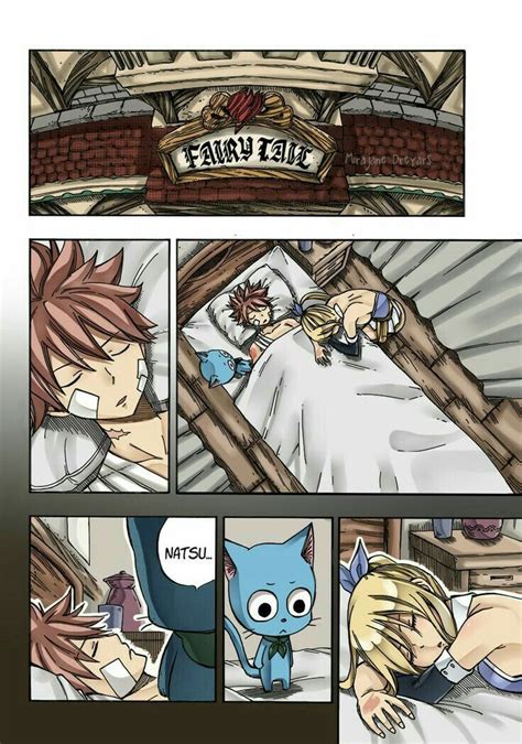 Natsu Lucy Happy Text Comic Sleeping Wounded Bandages Bed