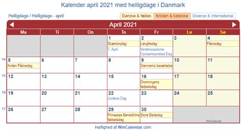 Danmark Kalender Til Udskrivning April 2021