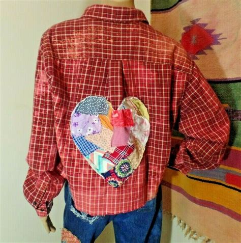 Upcycled Cropped Shirt Bleached Patchwork Heart Size L ☮ By Bird ☮ Ebay In 2021 Crop Shirt