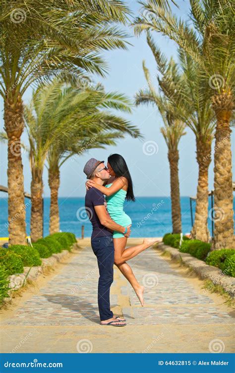 Romantic Couple Kissing On The Beach With Palm Trees Stock Image Image Of Girl Love 64632815