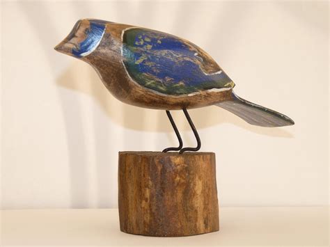 Primitive Folk Art Wood Bird Carving Rustic Blue By Artvineyard