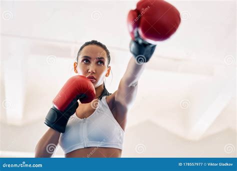 Female Boxer In Boxer Gloves Practicing Her Punches Stock Image Image