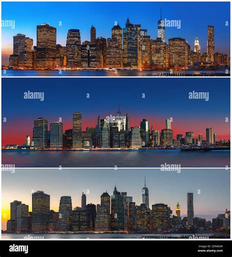 Manhattan Evening New York City Skyline Panorama Set Of 3 Images