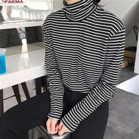 Buy Women Turtleneck Korean Style T Shirt Harajuku Top Long Sleeved Striped