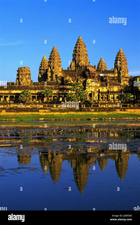 Cambodia Temple Arrangement Angkor Wat Is Reflected In The Water