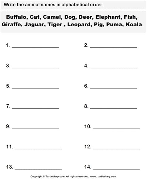 This option will arrange so the new list is alphabetized by the last name without you having to put the last name first. Animals Names List Worksheet - Turtle Diary